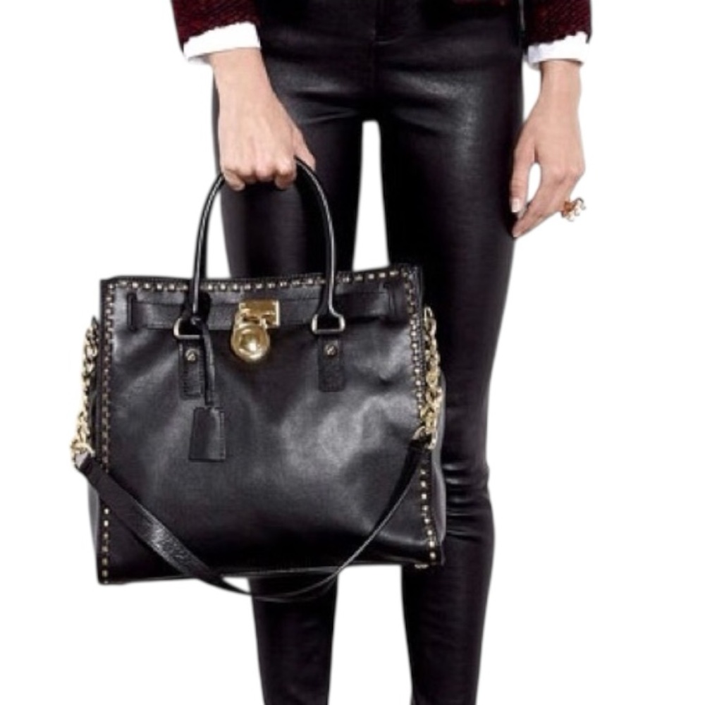 Michael Kors Hamilton Saffiano Black Leather Metallic Gold Trimmed Shoulder Bag